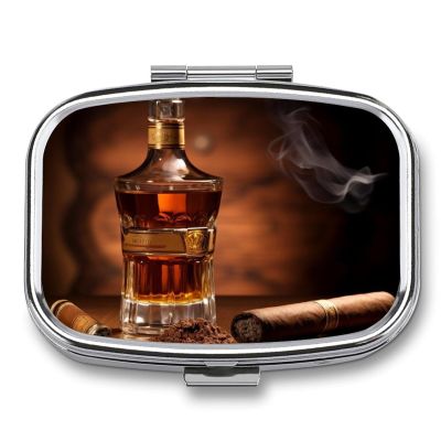 Square Pill Box Portable Metal Pill Case 2 Compartment Small Travel Pill Organizer Cute Brandy Cigar Vitamins Holder Organizer for Purse Pocket