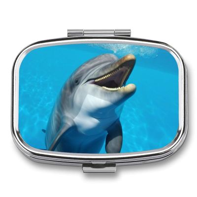 Square Pill Box Portable Metal Pill Case 2 Compartment Small Travel Pill Organizer Cute Smiling Face Dolphins Vitamins Holder Organizer for Purse Pocket