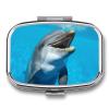 Square Pill Box Portable Metal Pill Case 2 Compartment Small Travel Pill Organizer Cute Smiling Face Dolphins Vitamins Holder Organizer for Purse Pocket view 1
