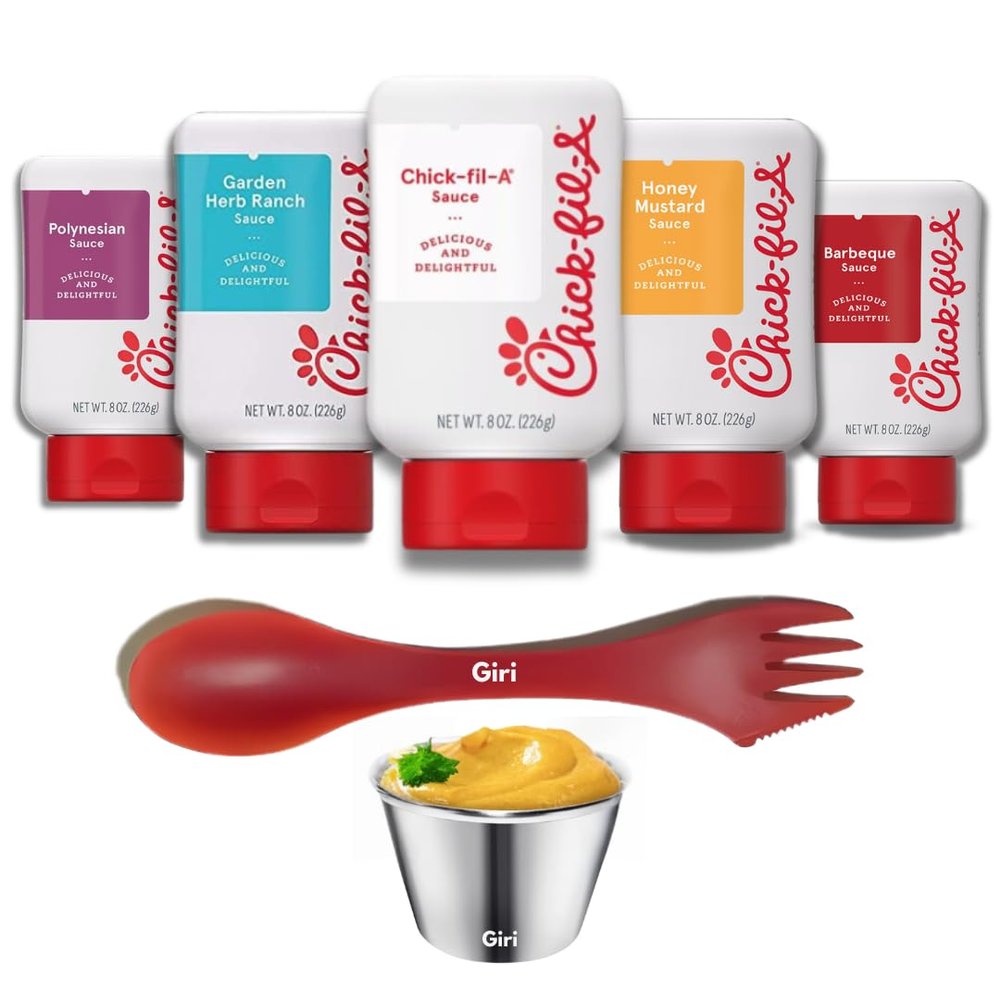 chikfila Sauce Variety Pack: Original, Polynesian, Honey Mustard, Barbeque, and Garden Herb Ranch 8 oz. (5-pack) Bundle with Giri Plastic Spork and Stainless Steel Condiment Sauce Cup (3 Items)
