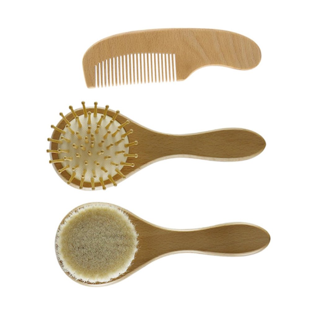 Healeved 3pcs Newborn Hair Comb Set Wooden Brush and Massage Comb for Scalp Care Gentle Wool Bristle Safe for Delicate Skin for Daily Use with Gift Box