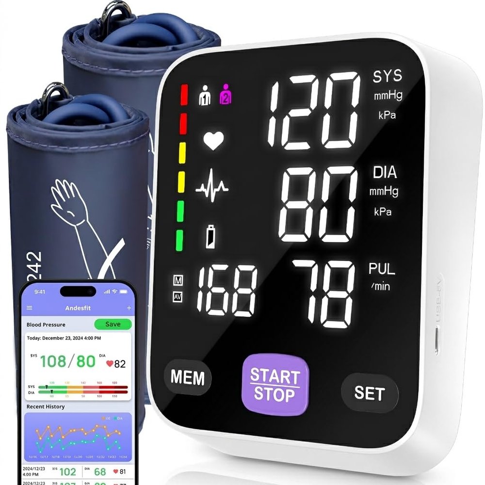 Andesfit Upper Arm Blood Pressure Monitor for Home Use 17" Large & 21" XL Extra Large Cuff Big arm, Free APP Bluetooth Sync Apple Health Track Google Fit, Large Display Smart BP Machine for Seniors