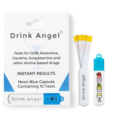 Drink Angel Spike Test Capsule Neon Blue Edition | Clinically Tested Drink Spiking Test Strips | UK Approved & California Compliant | Keyring Capsule with 10 Tests | Nights Out, Clubs, Parties