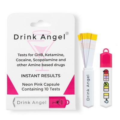 Drink Angel Spike Test Capsule Neon Pink Edition | Clinically Tested Drink Spiking Test Strips | UK Approved & California Compliant | Keyring Capsule with 10 Tests | Nights Out, Clubs, Parties