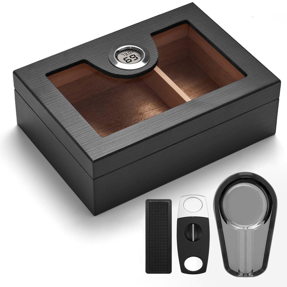 CINOROW Cigar Humidor for 20-35 Counts with Accessories, Digital Hygrometer, Spanish Cedar Lined & Divider, Humidifier, Cigar Cutter and Ashtray, Desktop Box Gift for Men