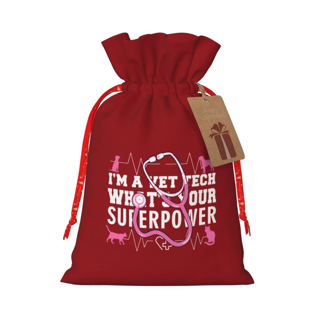 BYOBLU I'm a Vet Tech What's Your Superpower Holiday Drawstring Gift Bags, Christmas Gift Wrapping Sacks Pouches for Xmas Presents Party Favor (Large Small)