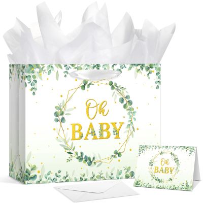 Kolldenn 13" Large Kids Boy Girl Gift Bag for Baby Shower or Birthday with Handles Tissue Paper and Greeting Card Envelope Wrapping Paper Bag for Birthday Party Decorations Supplies