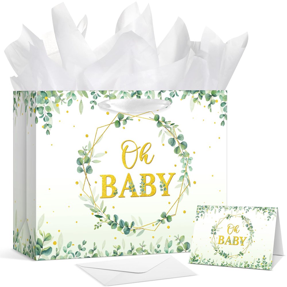 Kolldenn 13" Large Kids Boy Girl Gift Bag for Baby Shower or Birthday with Handles Tissue Paper and Greeting Card Envelope Wrapping Paper Bag for Birthday Party Decorations Supplies