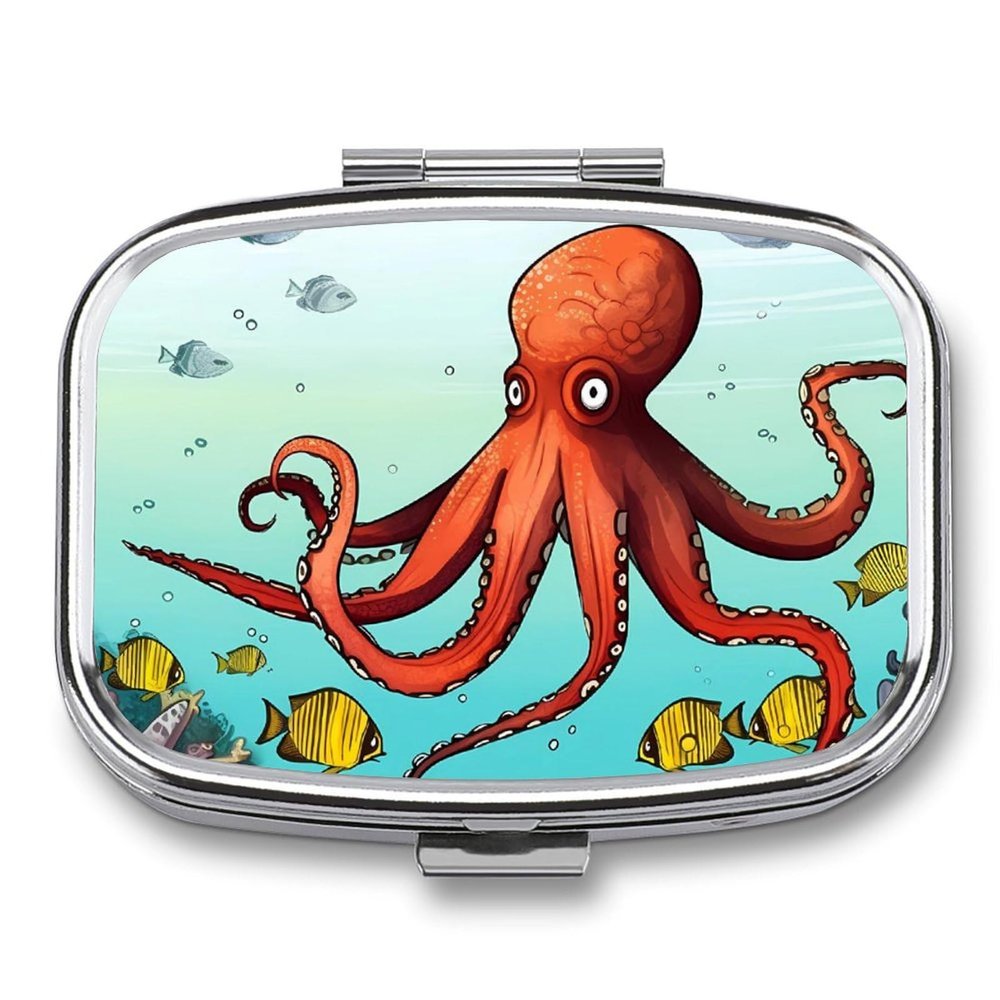 Giant Octopus Pill Box 2 Compartment Square Pill Case with Mirror Metal Pill Organizer Travel Pillbox Mini Medicine Storage Box for Pocket Purse