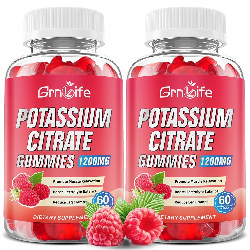 2 Pack Potassium Citrate Gummies, High Potassium Supplement 1200mg Support Leg Cramps & Muscle Health, Potassium Gummies for Adults & Kids, Vegan, Raspberry Flavor 120 Count