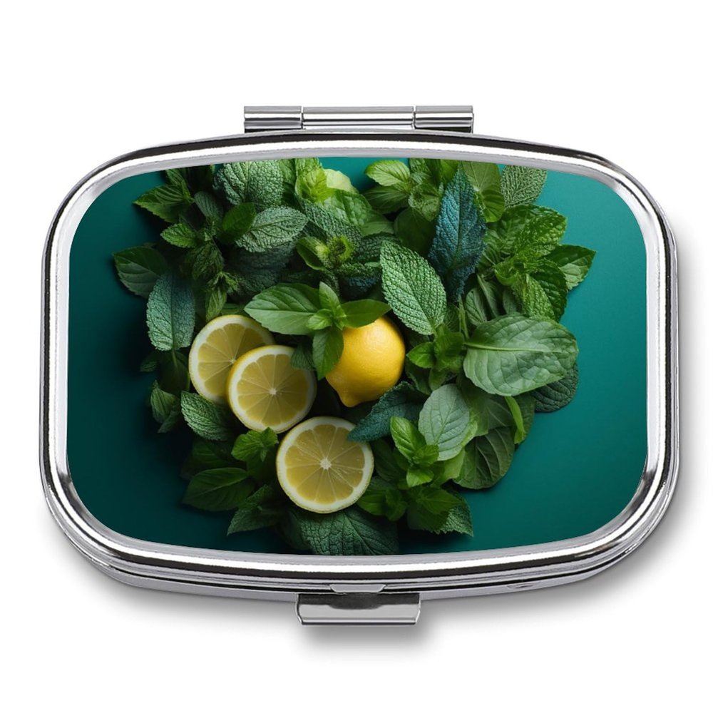 Lemon Mint Heart Shape Pill Box 2 Compartment Square Pill Case with Mirror Metal Pill Organizer Travel Pillbox Mini Medicine Storage Box for Pocket Purse