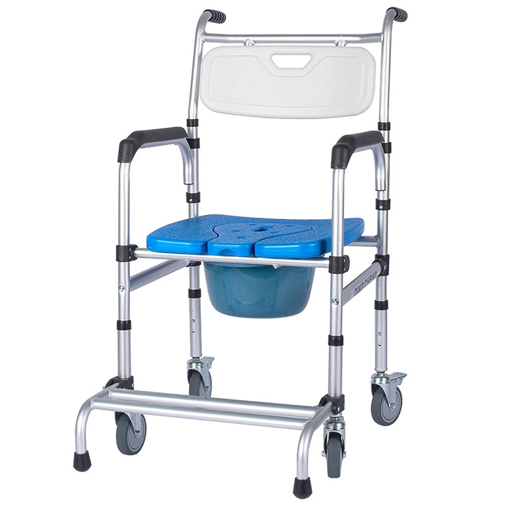 Shower Commode Chair with Wheels, Bedside Commode Chair, Multi-Functional Rolling Shower Wheelchair with Arms Toilet Chair Elderly and Disabled,Blue