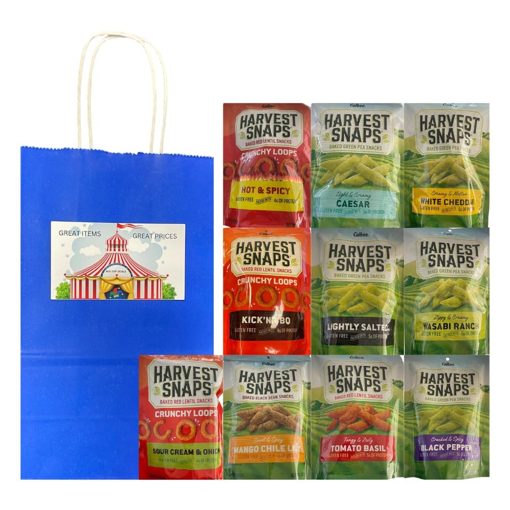 Big Top Deals USA Snack Pack  10-Flavor Veggie Chip Variety in Blue Paper Bag 5.25x3.2x8  Includes Harvest Snaps Chips  Custom 10-Pack Assorted Bundle