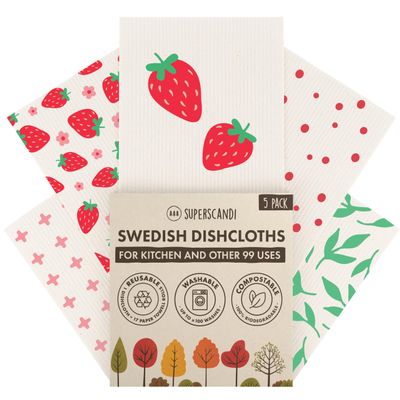 SUPERSCANDI Swedish Dishcloths With 100% Recycled Bioplastic Hanger, Reusable Paper Towels Washable 100 Times, Biodegradable, Super Absorbent Cleaning Cloth Dish Towel For Kitchen, 5-Pack Strawberries