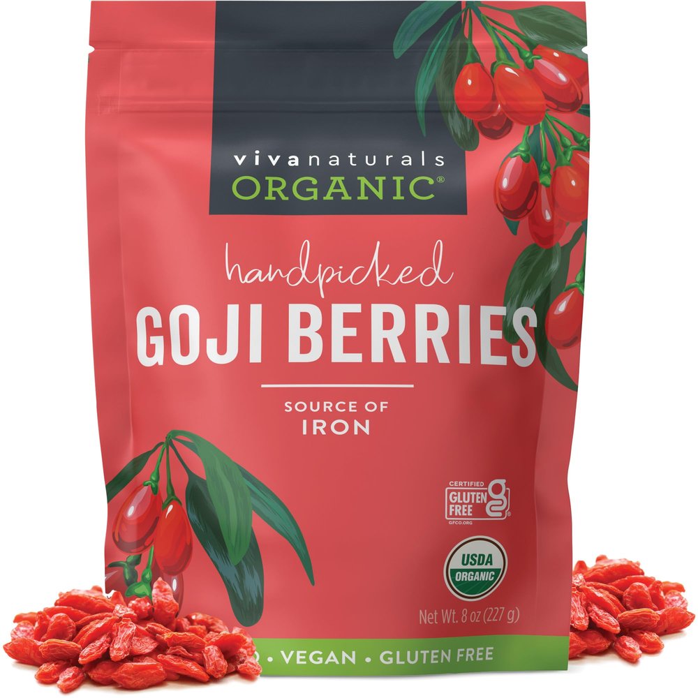 Viva Naturals Organic Dried Goji Berries, 8 oz (227 g) Non-GMO, Vegan Wolfberries, Perfect for Goji Berry Tea, Smoothies, Baking & Snacking