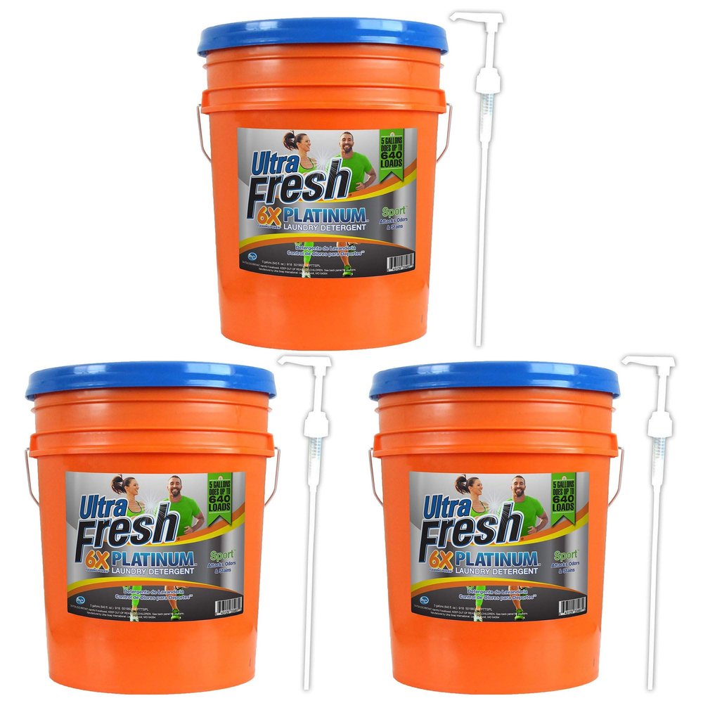 Ultra Fresh Platinum Sport 5 Gallon 6x Laundry Detergent Suitable for All Machine Type and Up to 640 Laundry Loads with Pump (3 Pack)