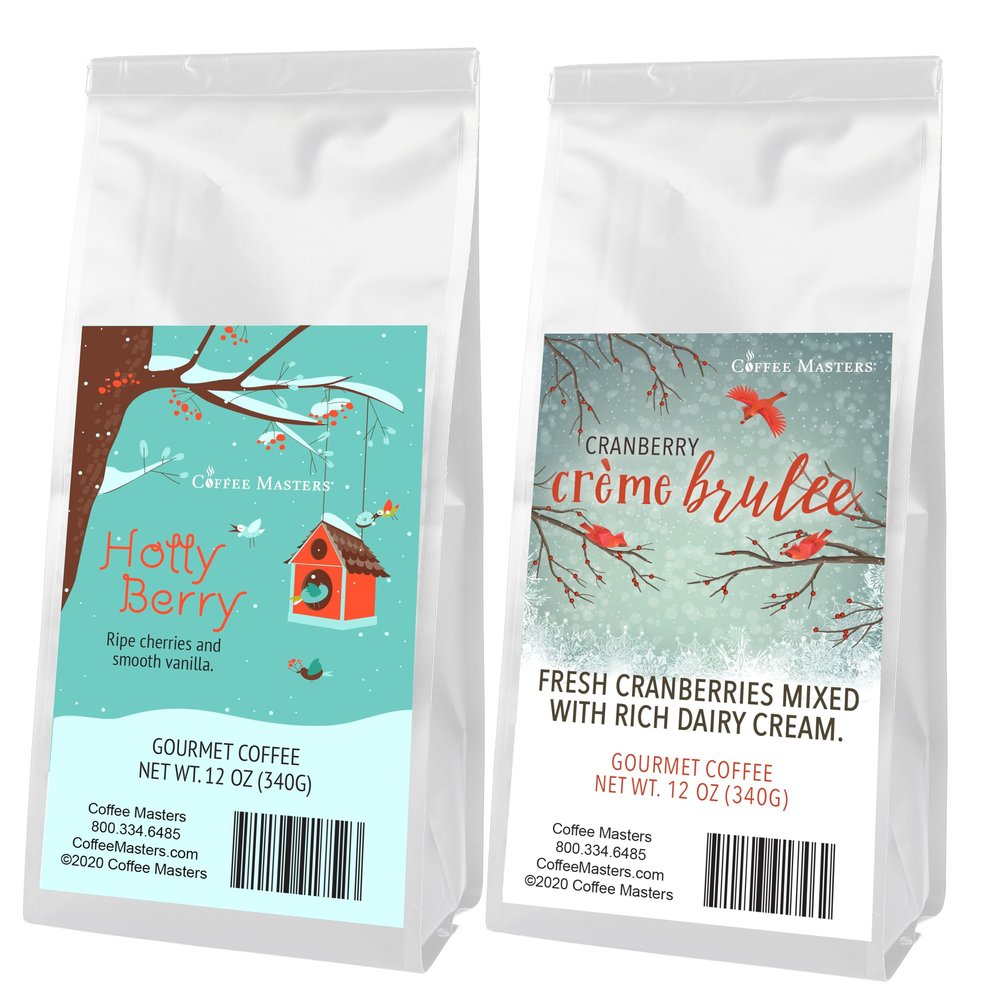 Coffee Masters Christmas Coffee Sampler - Cranberry Creme Brulee and Holly Berry 12 oz Ground Coffee