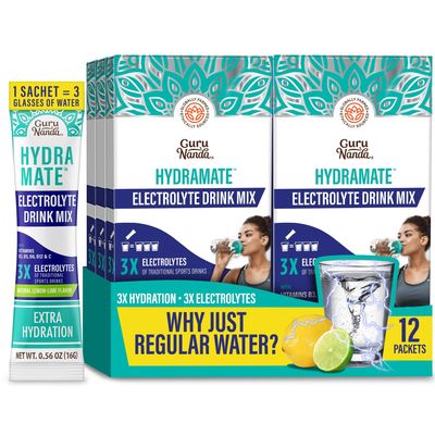 GuruNanda Hydramate Hydration Support Drink Mix - Electrolyte Powder Packets for Dehydration, Exercise & Energy - No Added Sweeteners, Non-GMO, Natural Lemon Lime Flavor - 12 Count (0.56 oz Each)