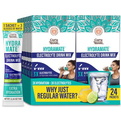 GuruNanda Hydramate Hydration Support Drink Mix - Electrolyte Powder Packets for Dehydration, Exercise & Energy - No Added Sweeteners, Non-GMO, Natural Lemon Lime Flavor - 24 Count (0.56 oz Each)