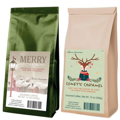 Coffee Masters Christmas Coffee Sampler - Comet's Caramel and Merry Mocha Mint 12 oz Ground Coffee