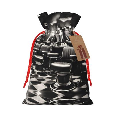 HDSKFNS Barber Shop Monochrome Style Xmas Burlap Bag Christmas Drawstring Bag Holiday New Year Party Home Office Packaging