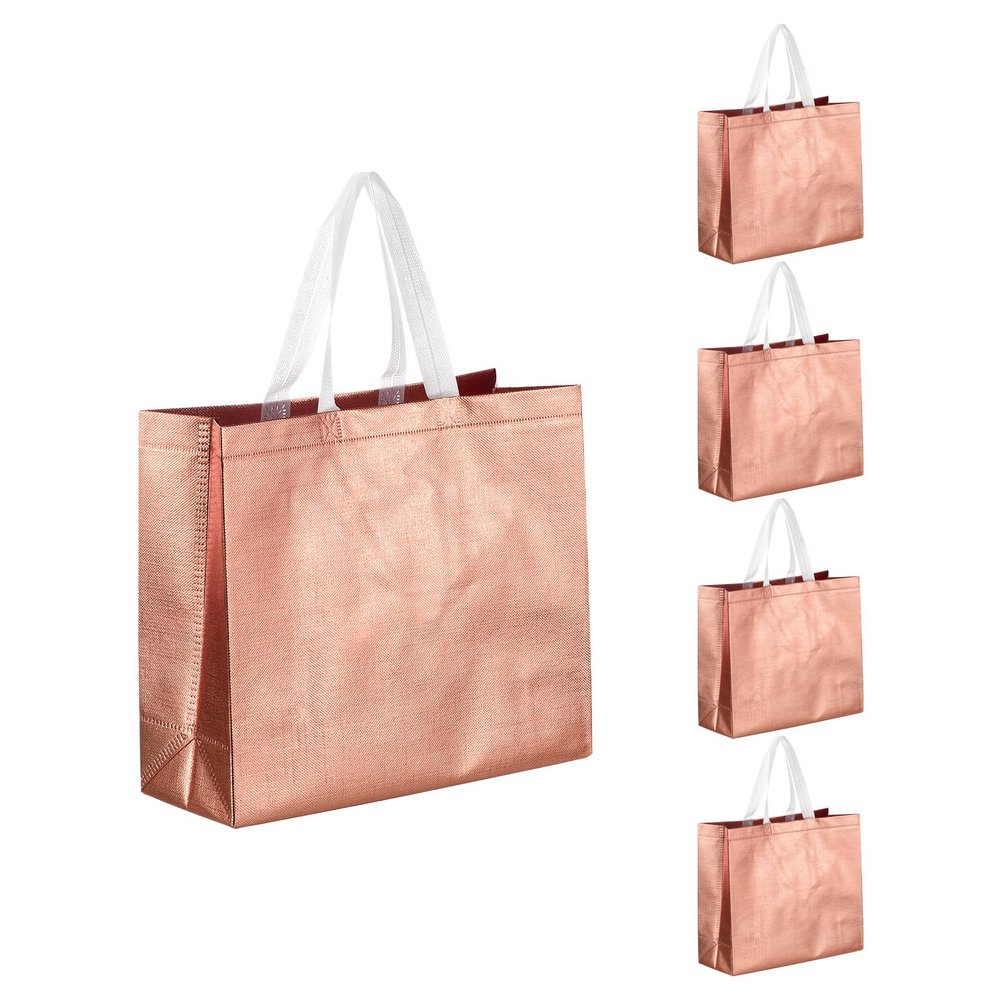 MECCANIXITY 12pcs Reusable Gift Bags, Rose Gold Tote Glossy Grocery Shopping Bag with Handles for Birthday Parties, Wedding, Christmas - 15.7"x11.8"x3.9"