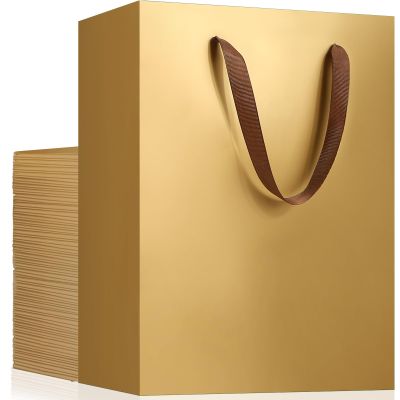 EUSOAR Paper Bags with Handles, 50pcs 7.8"x3.9"x11" Gold Gift Bags Medium Size, Merchandise Grocery Craft Retail Shopping Wedding Birthday Holiday Party Favor Thank You Paper Sacks Bag