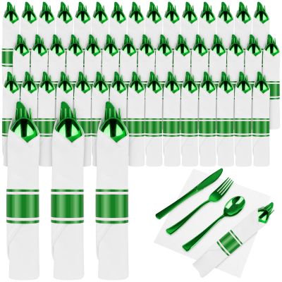 100Pack Pre Rolled Green Plastic Silverware - Wrapped Green Disposable Cutlery with Napkins, Pre Rolled Plastic Cutlery Set, Disposable Silverware with Dinner Napkins for St Patrick's Day