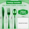 100Pack Pre Rolled Green Plastic Silverware - Wrapped Green Disposable Cutlery with Napkins, Pre Rolled Plastic Cutlery Set, Disposable Silverware with Dinner Napkins for St Patrick's Day view 2