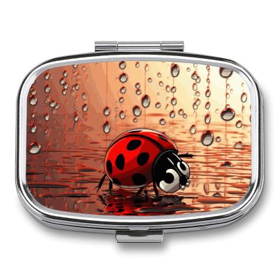 Art Ladybug Tracks Pill Box 2 Compartment Square Pill Case with Mirror Metal Pill Organizer Travel Pillbox Mini Medicine Storage Box for Pocket Purse