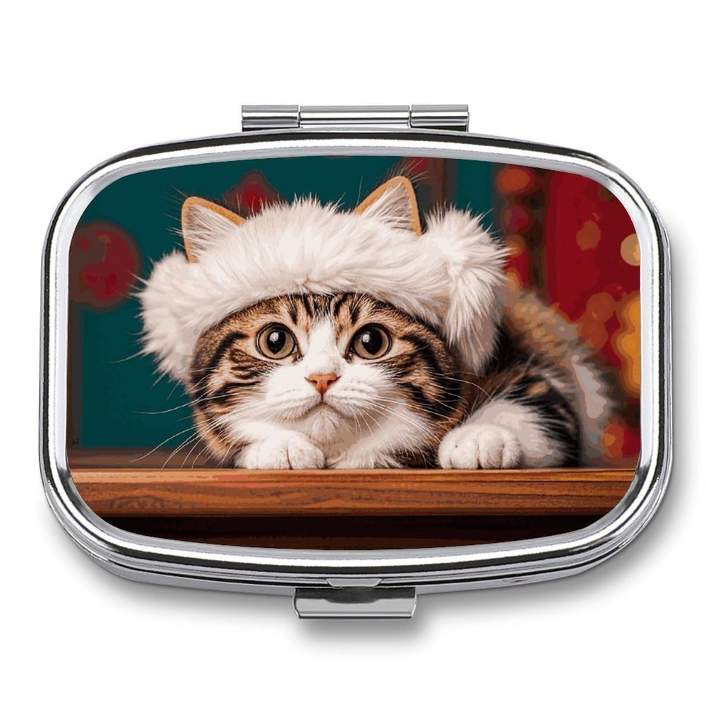 A Cute Little Kitten with A Hat Pill Box 2 Compartment Square Pill Case with Mirror Metal Pill Organizer Travel Pillbox Mini Medicine Storage Box for Pocket Purse