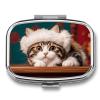 A Cute Little Kitten with A Hat Pill Box 2 Compartment Square Pill Case with Mirror Metal Pill Organizer Travel Pillbox Mini Medicine Storage Box for Pocket Purse view 1
