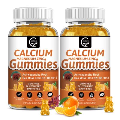 1200mg Calcium Gummies with Vitamin D3,K2,B12 & B6 - Plant Complex Calcium Magnesium Supplement with Glycinate,Potassium,Sea Moss,Ashwagandha Root for Bone & Teeth Strength, Muscle & Immune-2 Pack