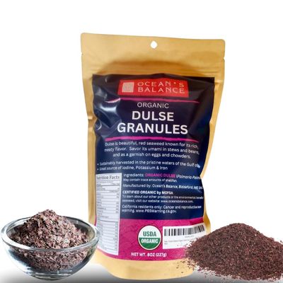Ocean's Balance Dulse Granules  Iron & Minerals,Soup Topping Seaweed,Seaweed For Ramen,Salad & Snacks Atlantic Dulse Flakes  Vegan, Gluten-Free, Paleo & Keto Friendly (8oz)