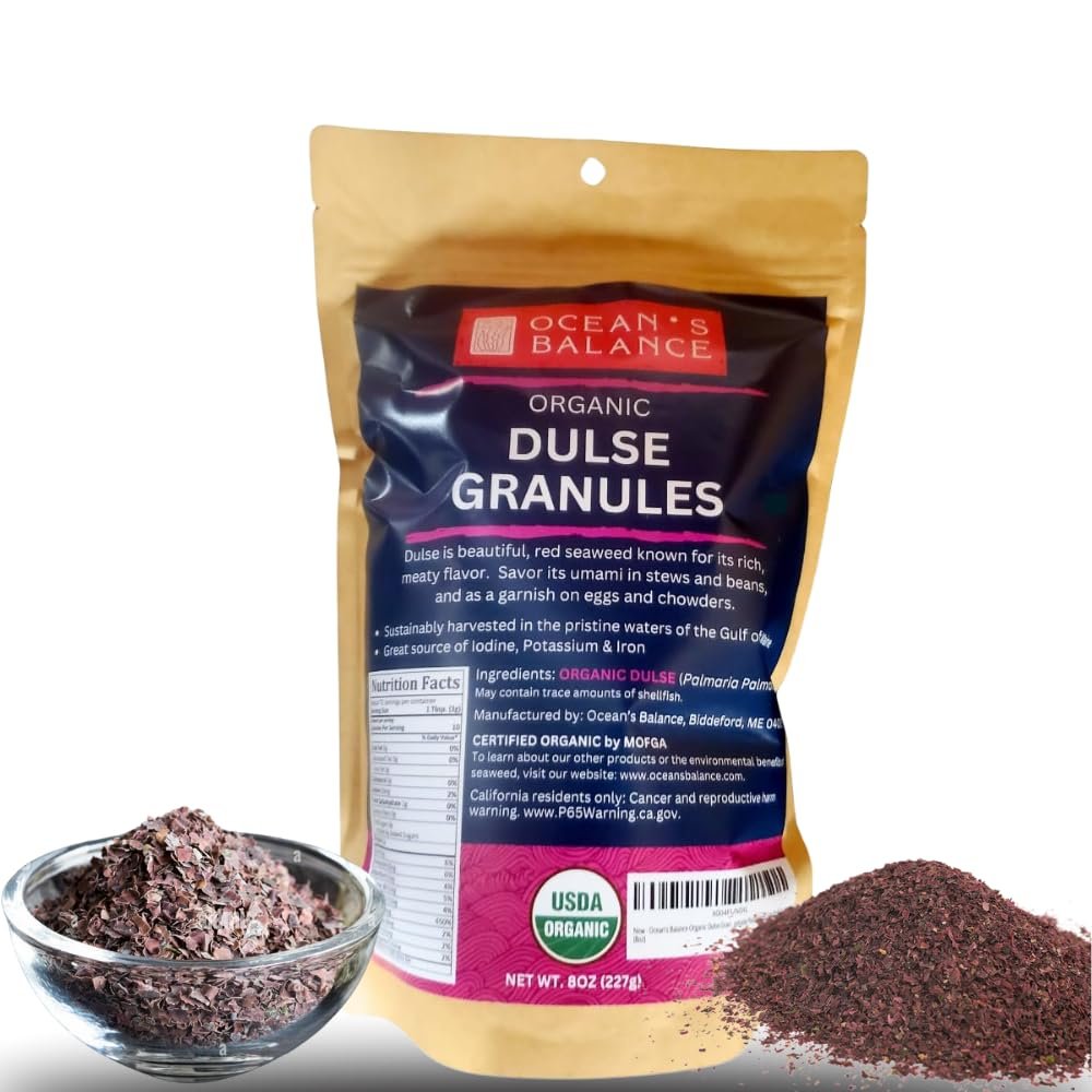 Ocean's Balance Dulse Granules  Iron & Minerals,Soup Topping Seaweed,Seaweed For Ramen,Salad & Snacks Atlantic Dulse Flakes  Vegan, Gluten-Free, Paleo & Keto Friendly (8oz)