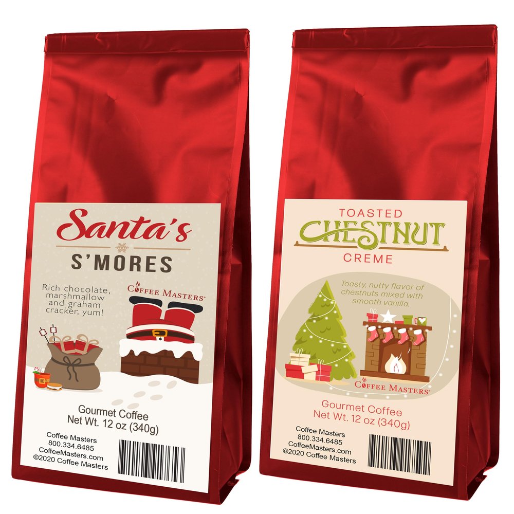 Coffee Masters Christmas Coffee Sampler -Santa's S'mores and Toasted Chestnut Creme 12 oz Ground Coffee