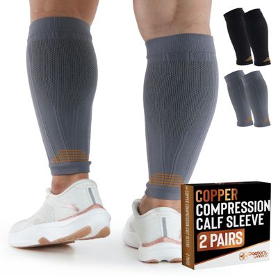 Doctor's Select 2 Pairs Copper Calf Compression Sleeve - Calf & Shin Support, Black/Gray, S/M-4XL