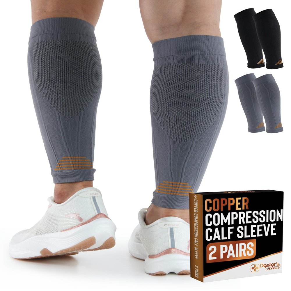 Doctor's Select 2 Pairs Copper Calf Compression Sleeve - Calf & Shin Support, Black/Gray, S/M-4XL
