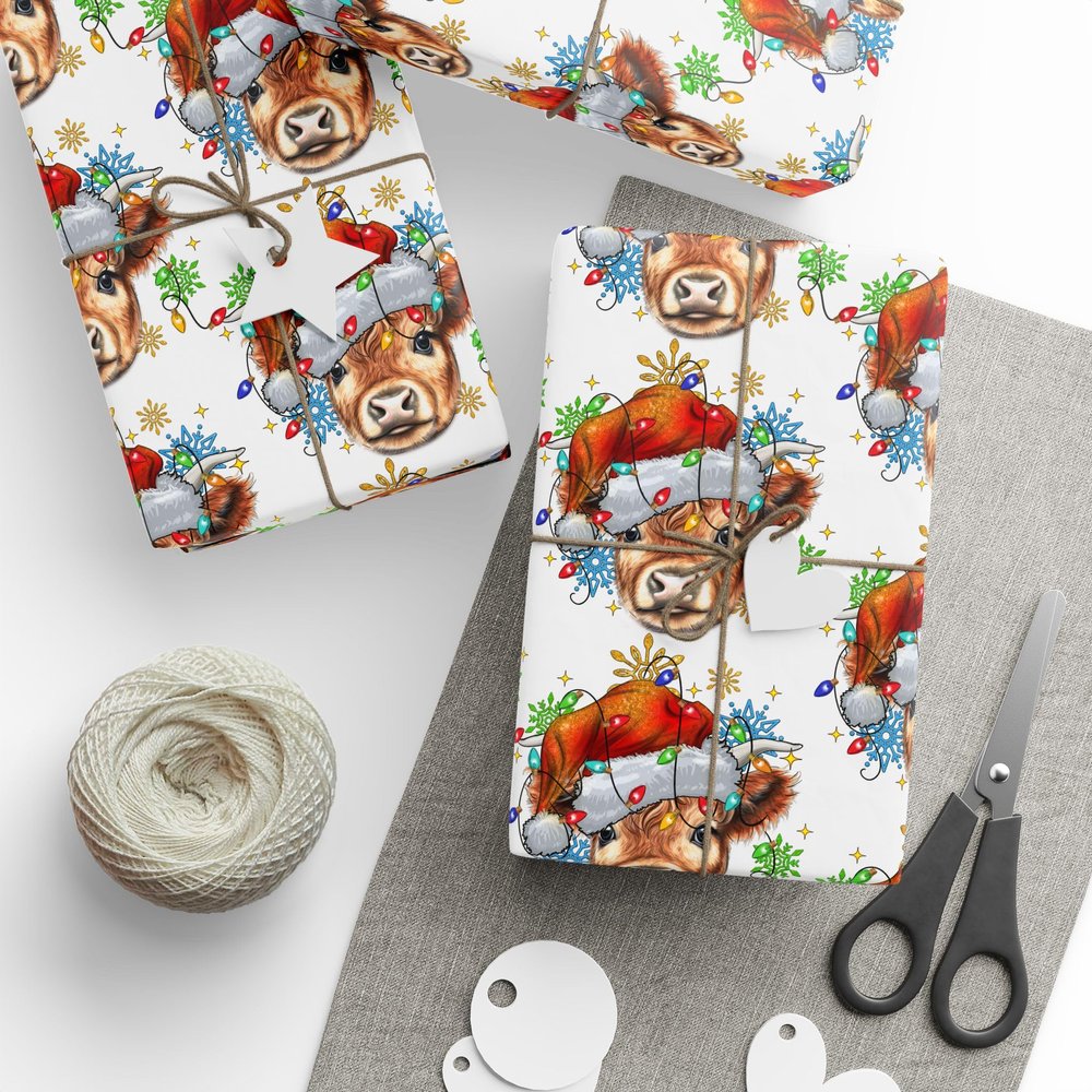 Cow Wrapping Paper Roll - Heifer Christmas and Holidays, Highland Cow Festive Gift Wrap