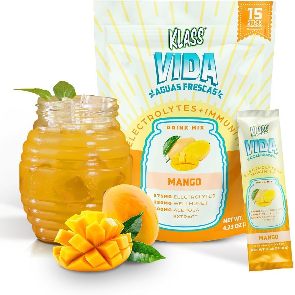 KLASS VIDA Hydration + Immunity Mango Agua Fresca Electrolyte Powder Packets | Sugar Free with Wellmune, Acerola & Coconut Water | 15 Stick Packs
