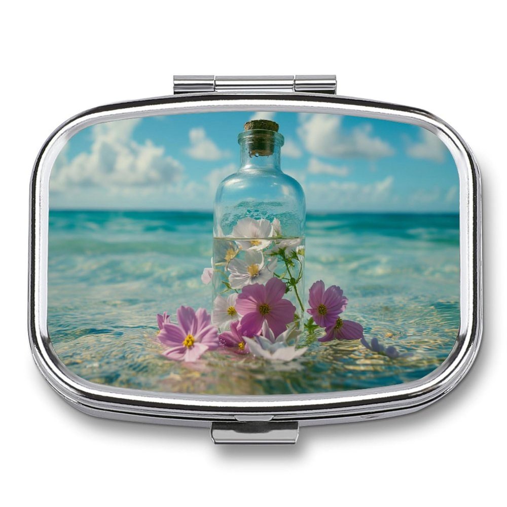 The Shallow Ocean Pill Box 2 Compartment Transparent Bottle Full of Flowers Portable Medicine Pill Case Travel Pill Organizer for Pocket Purse