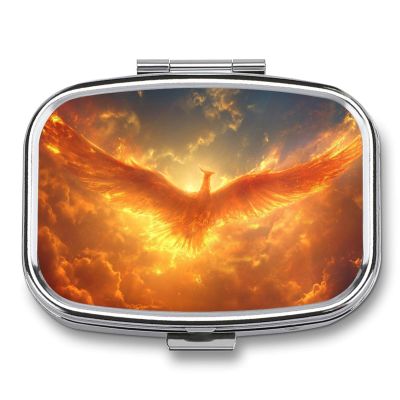 Fire Phoenix Pill Box 2 Compartment Open Wings on Sky Surrealism Portable Medicine Pill Case Travel Pill Organizer for Pocket Purse
