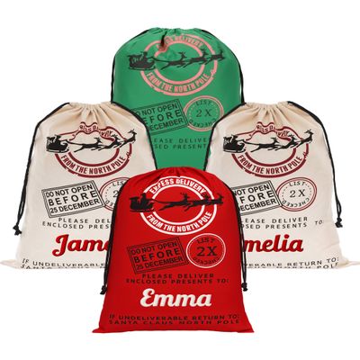 Merry Craft Works Personalized Large Christmas Santa Sack, Embroidered with Your Name, Custom Christmas Canvas Drawstring Gift Bags for Family, 4 Pack