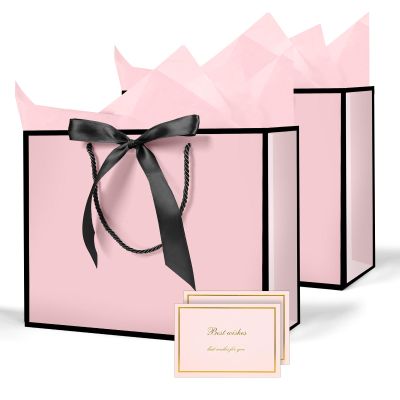 AMFUN 2PCS Medium Gift Bags, Paper Gift Bag with 4 Wrappers and 2 Cards,Present Bag with Handles,Pink Paper Bags for Women Valentines Bridesmaid Birthday Wedding Party (Pink-Black)
