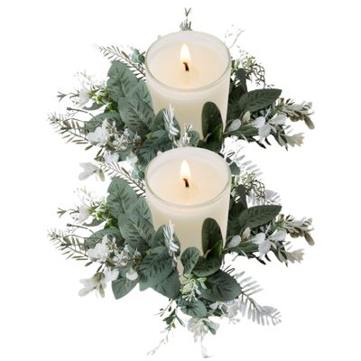 Candle Rings 2Pcs Eucalyptus Candle Ring 10'' Pillar Candle Rings Wreaths Artificial Farmhouse Mini Wreath for Wedding Centerpieces Tables Door Wall Window Decor, Candle Rings