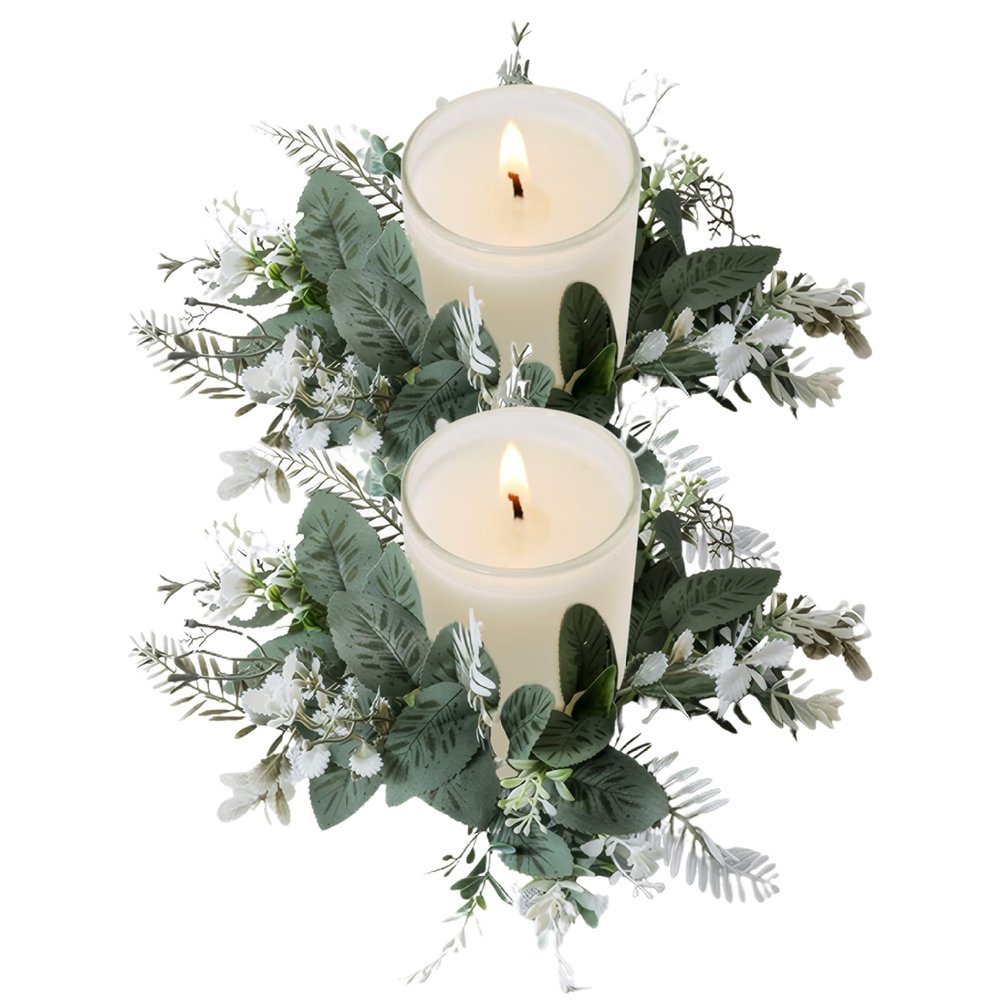Candle Rings 2Pcs Eucalyptus Candle Ring 10'' Pillar Candle Rings Wreaths Artificial Farmhouse Mini Wreath for Wedding Centerpieces Tables Door Wall Window Decor, Candle Rings