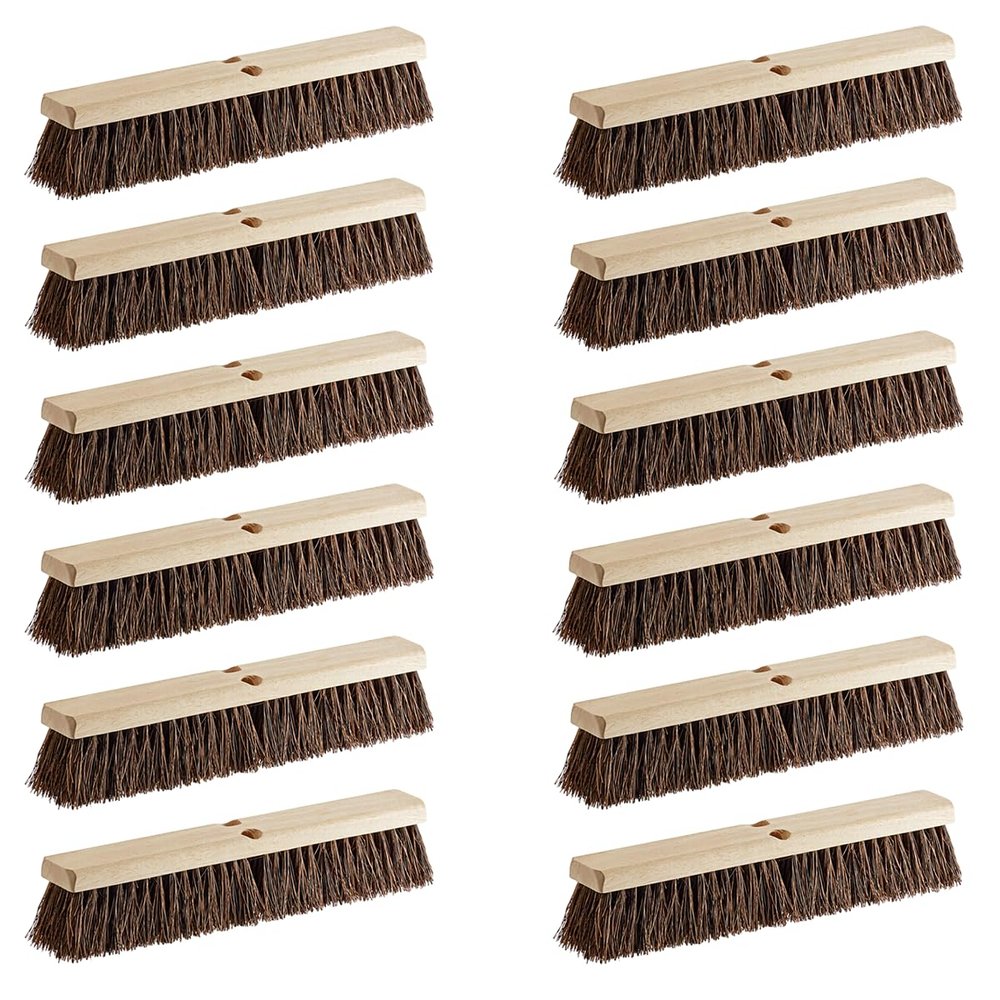 12 Pack Push Broom Head 18 Inch Commercial - Deck Scrub Brush Head with Natural Palmyra Bristles - Stiff Unflagged Broom Head for Rough Surface Cleaning - Heavy Duty Shop Broom Replacement Head