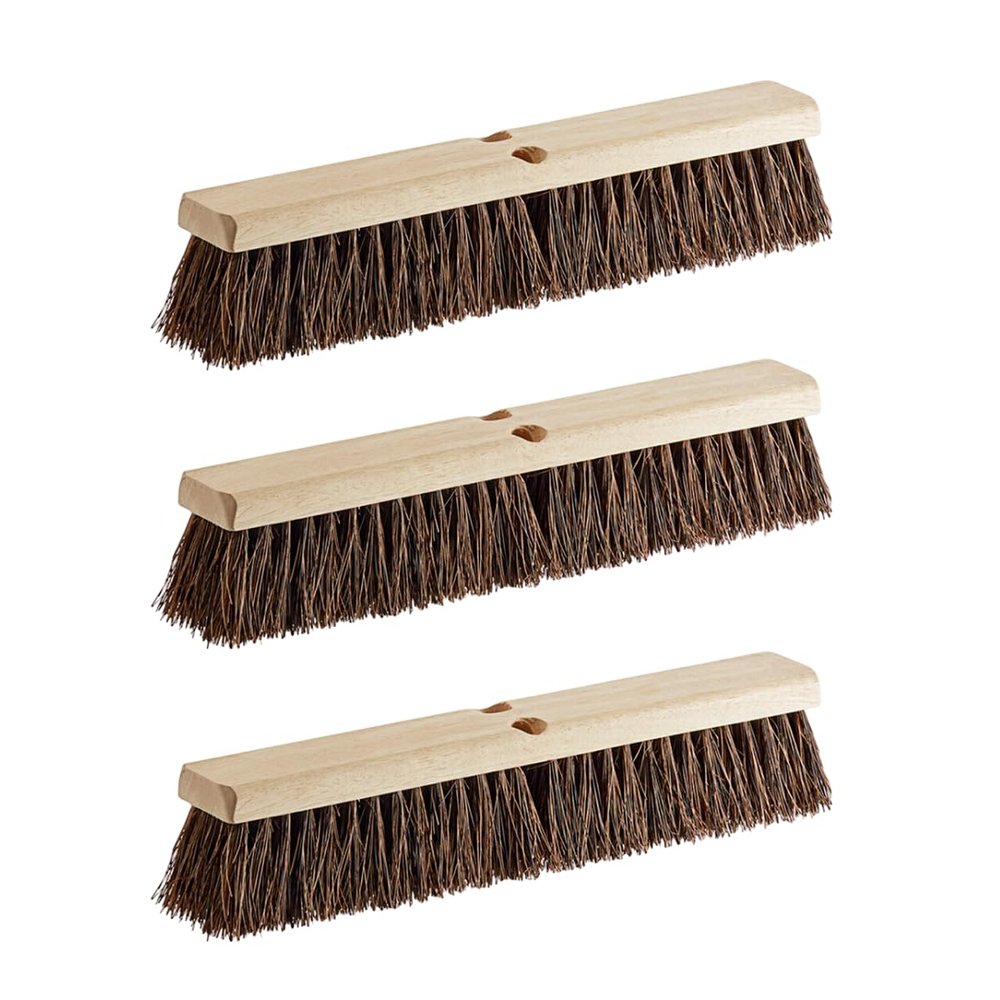 3 Pack Push Broom Head 18 Inch Commercial - Deck Scrub Brush Head with Natural Palmyra Bristles - Stiff Unflagged Broom Head for Rough Surface Cleaning - Heavy Duty Shop Broom Replacement Head