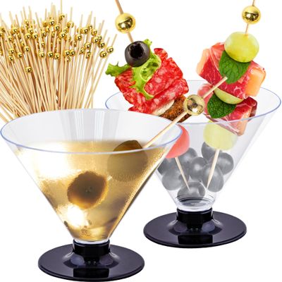 100 Clear Disposable Plastic Martini Glasses for Parties + 200 Cocktail Picks Bundle