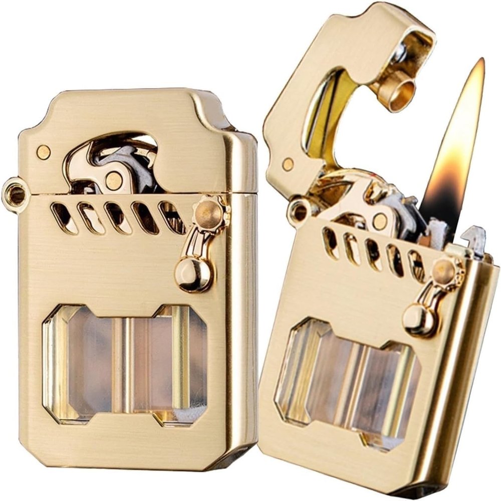 HUZHUAN Mecha Metal Rocker Lighter, Vintage Metal Rocker Kerosene Windproof Lighter, Retro Transparent Oil Tank Metal Rocker Kerosene Lighter, Rocker Arm Lighter, Kerosene LighterOil Lighter(Gold)